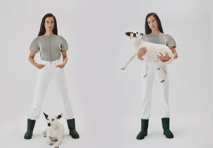 Two identical images of a woman holding a small white dog on a plain background