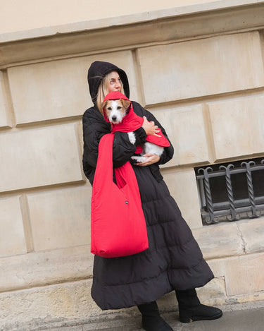 Person wearing a black coat with black skirt holding a small dog, standing against a beige wall.