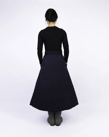 Navy vegan winter skirt made from recycled materials, A-line with stitched panel details. - The New Orchard CH
