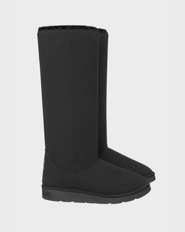 Black vegan knee-high shoes with crystal details – elegant winter style