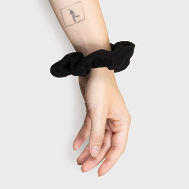 Black recycled fabric scrunchie eco conscious fashion item