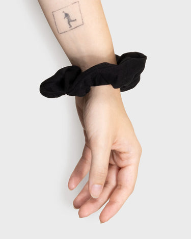 Black recycled fabric scrunchie eco conscious fashion item