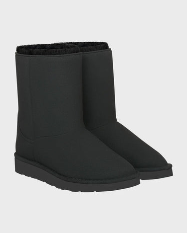 Pair of black vegan boots on a light gray background