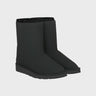 Pair of black vegan boots on a light gray background