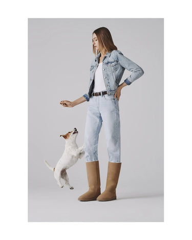 Cruelty-free beige long leather boots with Faux Fur design