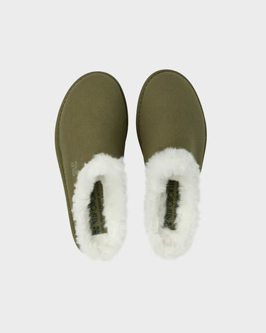 Dark green faux wool lined slippers sustainable cozy shoes
