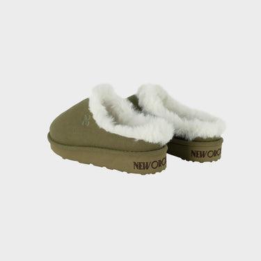 Dark green recycled ugg-like slippers sustainable warm footwear