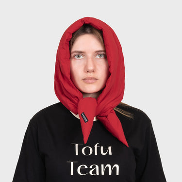 Deep red winter hooded scarf vegan and sustainable