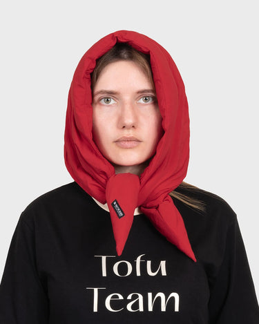 Deep red winter hooded scarf vegan and sustainable