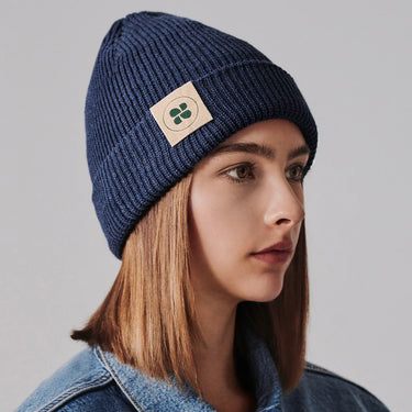 Eco recycled blue beanie hat – vegan and stylish