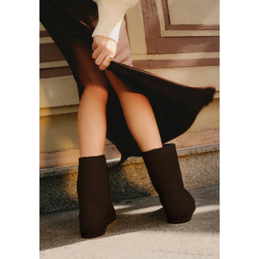 Ethical winter boots chocolate brown with black faux fur