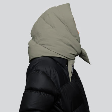 Khaki vegan recycled material winter hood with puffer black jacket. - The New Orchard CH