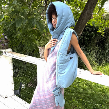 Light blue faux leather shoulder bag with pouch eco conscious style