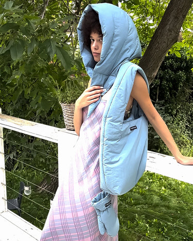 Light blue faux leather shoulder bag with pouch eco conscious style