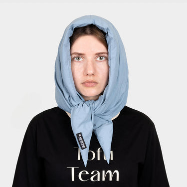Light blue recycled hooded scarf eco friendly winter headwear