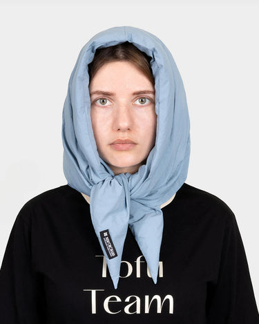Light blue recycled hooded scarf eco friendly winter headwear