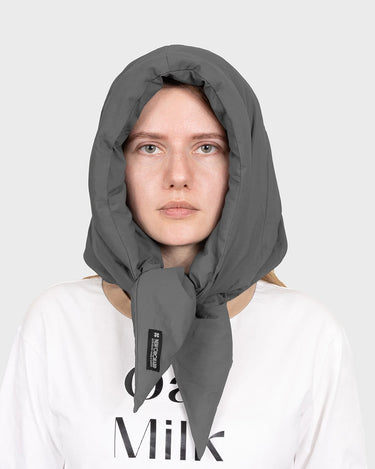 Light grey recycled warm hooded scarf cruelty free accessory