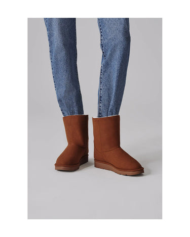 Luxury caramel brown vegan boots with faux fur