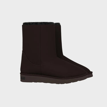 Luxury chocolate brown vegan boots with black faux fur