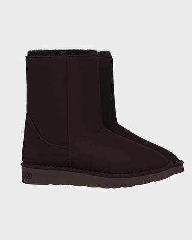 Luxury chocolate brown vegan boots with black faux fur