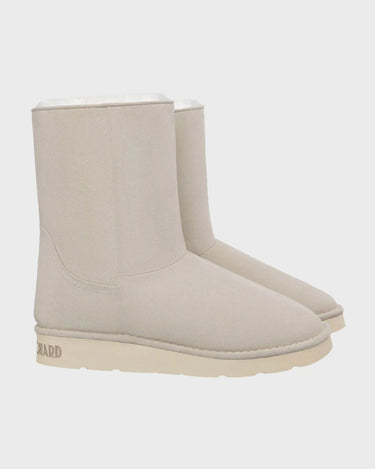 Off-white faux suede vegan boots with faux fur