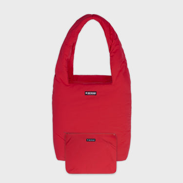 Red vegan shoulder purse with matching pouch