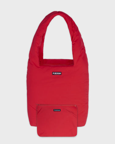 Red vegan shoulder purse with matching pouch