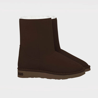 Vegan warm boots in dark brown with white faux fur
