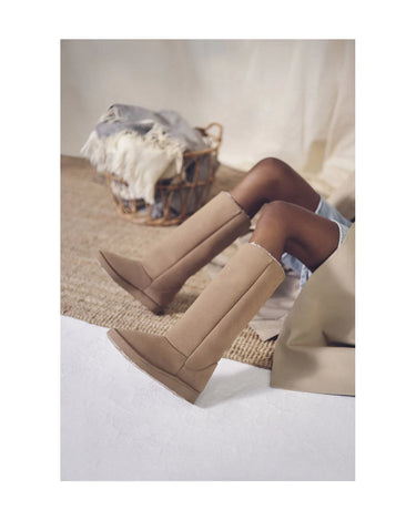 Winter beige vegan tall boots with faux fur