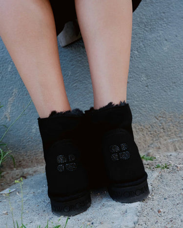 Winter charcoal black vegan short boots with crystal details – sustainable wear