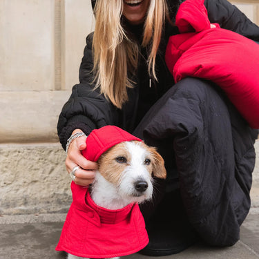 Woman in black coat with black skirt petting a dog wearing a red coat on a stone pavement.